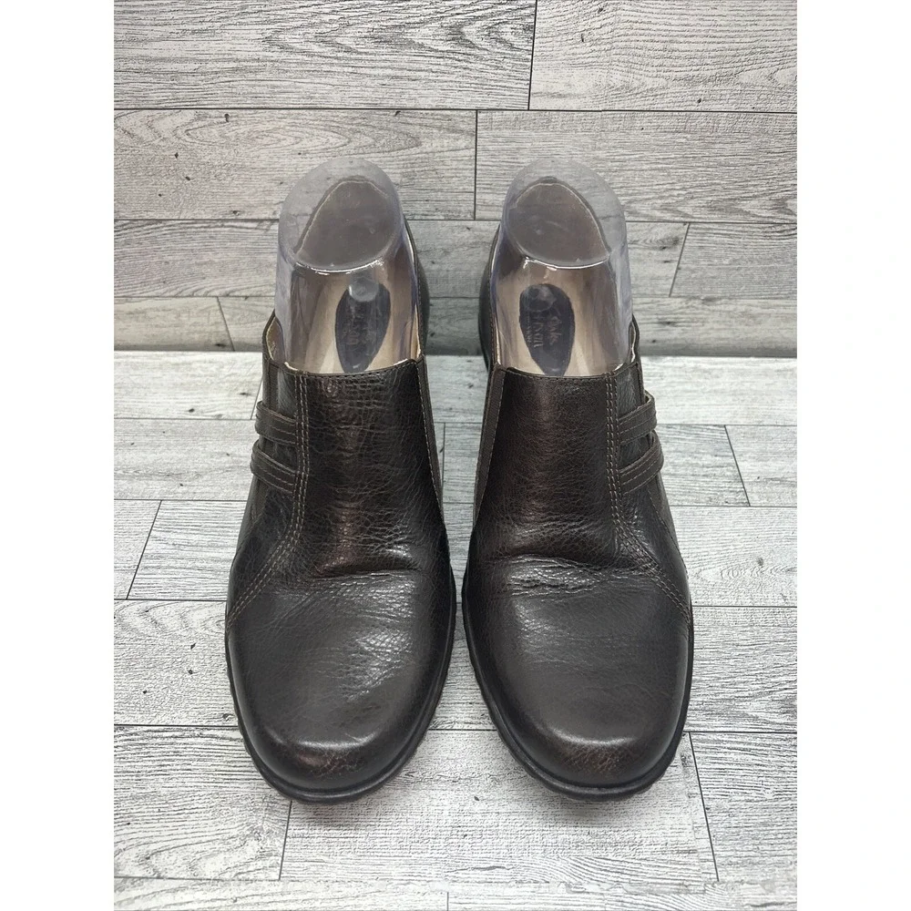 Clark's Artisan Womens Brown Leather Slip On Heels Elastic Stretch Sz 8.5M 73388